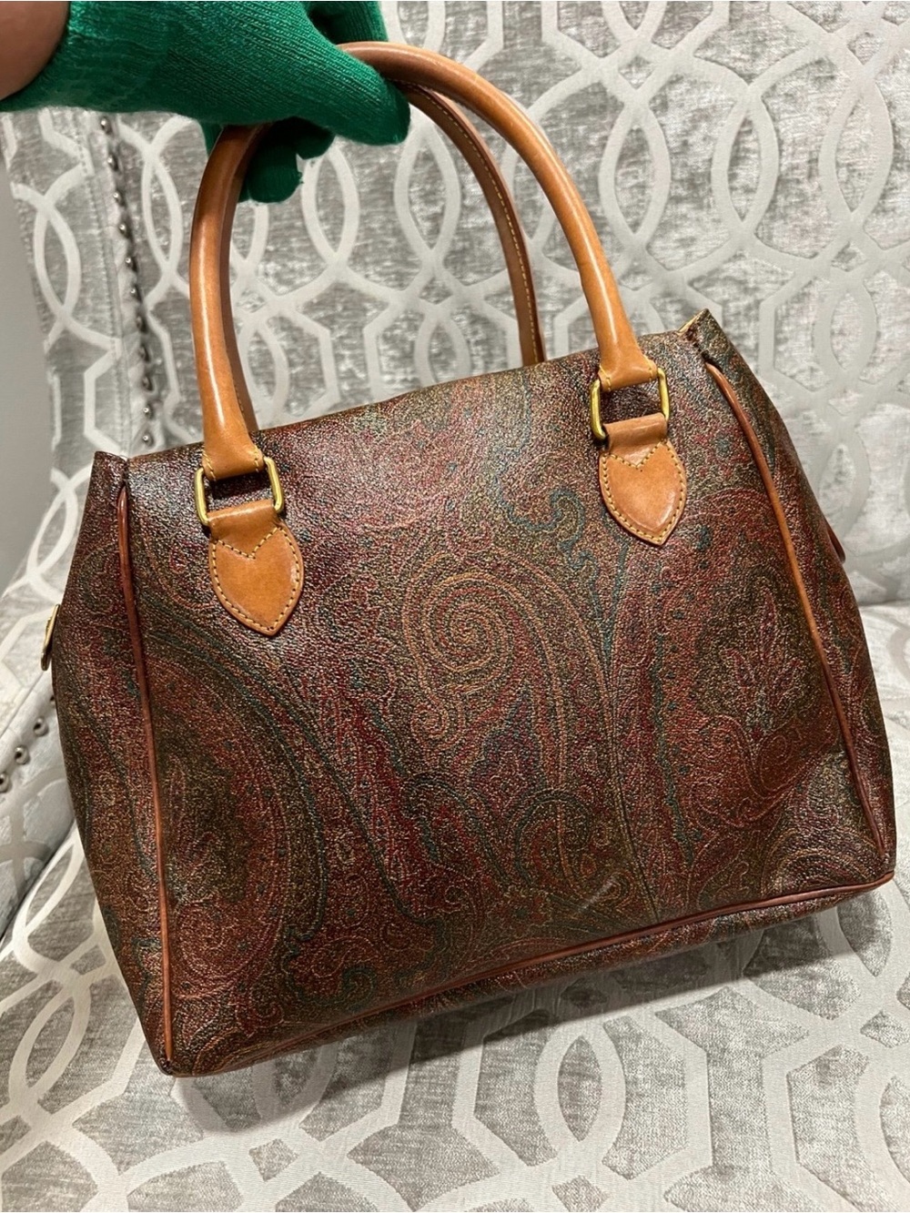 Etro Milano Paisley Satchel Leather Trim Top Handle Bag Italy - Picture 6 of 11
